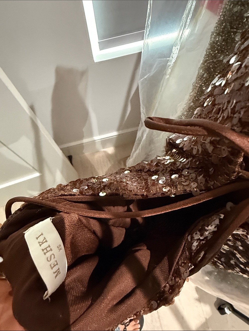 Sequin Slip Evening Dress in Deep Brown - Picture 3 of 5